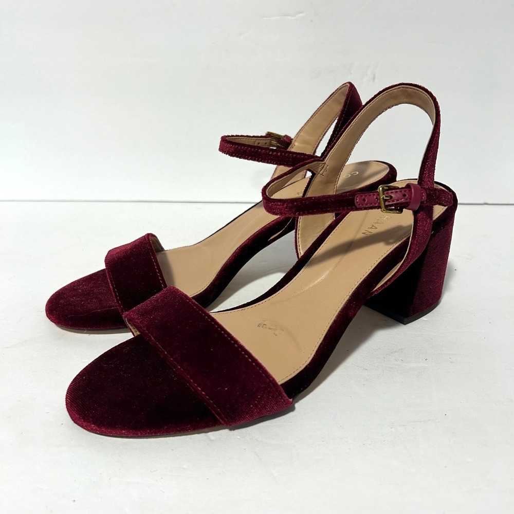 Cole Haan Velvet Block Heel Sandals Women 8B Burgundy Ankle Strap W11365 Comfort